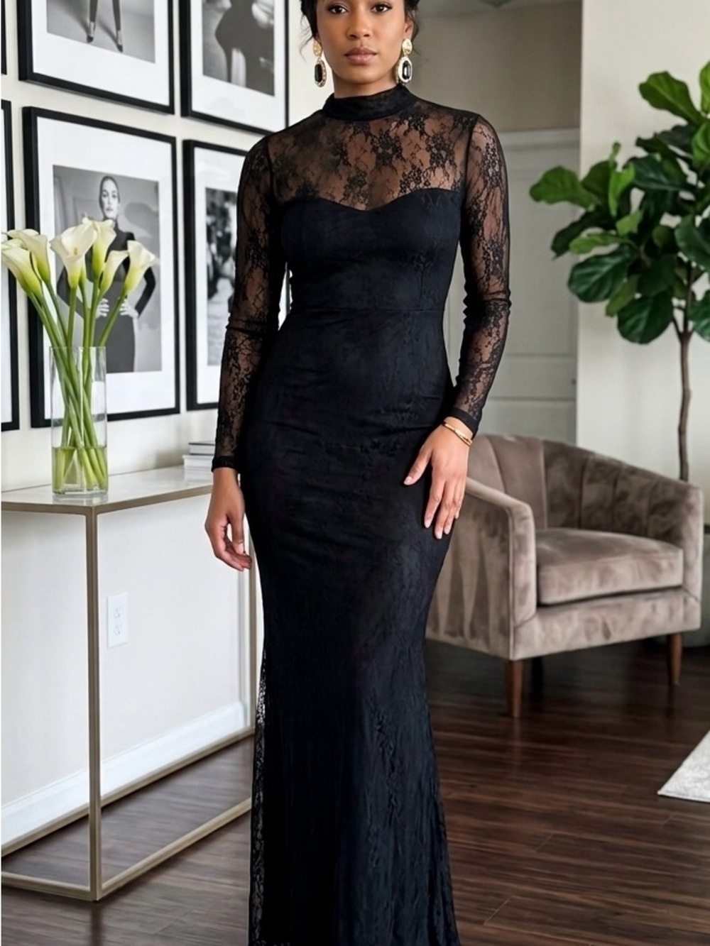 Fashion Nova, Y2K, Elegant, Black Lace Long Sleeve Maxi Dress, Size Medium.